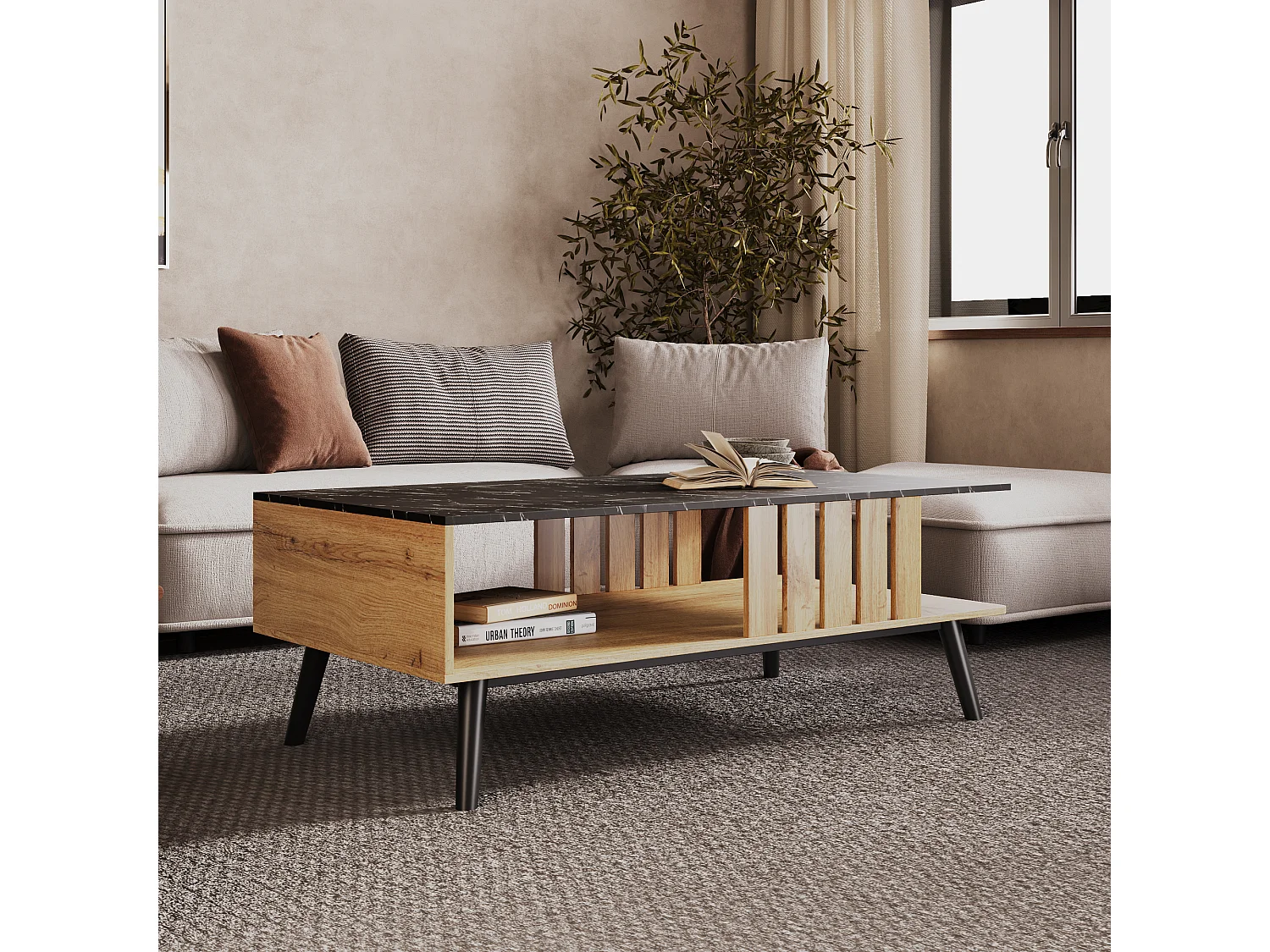 Tavolino da caffè moderno rettangolare con piano in marmo, tavolo da salotto, legno nero e quercia, 90 x 54 x 40 cm