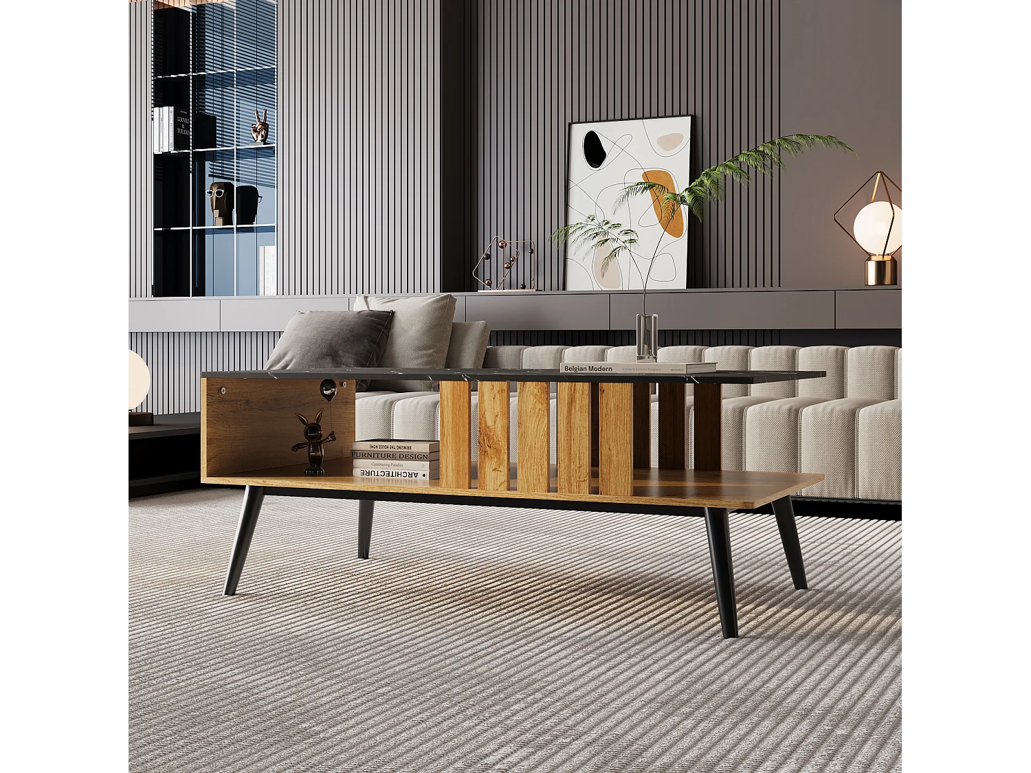 Tavolino da caffè moderno rettangolare con piano in marmo, tavolo da salotto, legno nero e quercia, 90 x 54 x 40 cm