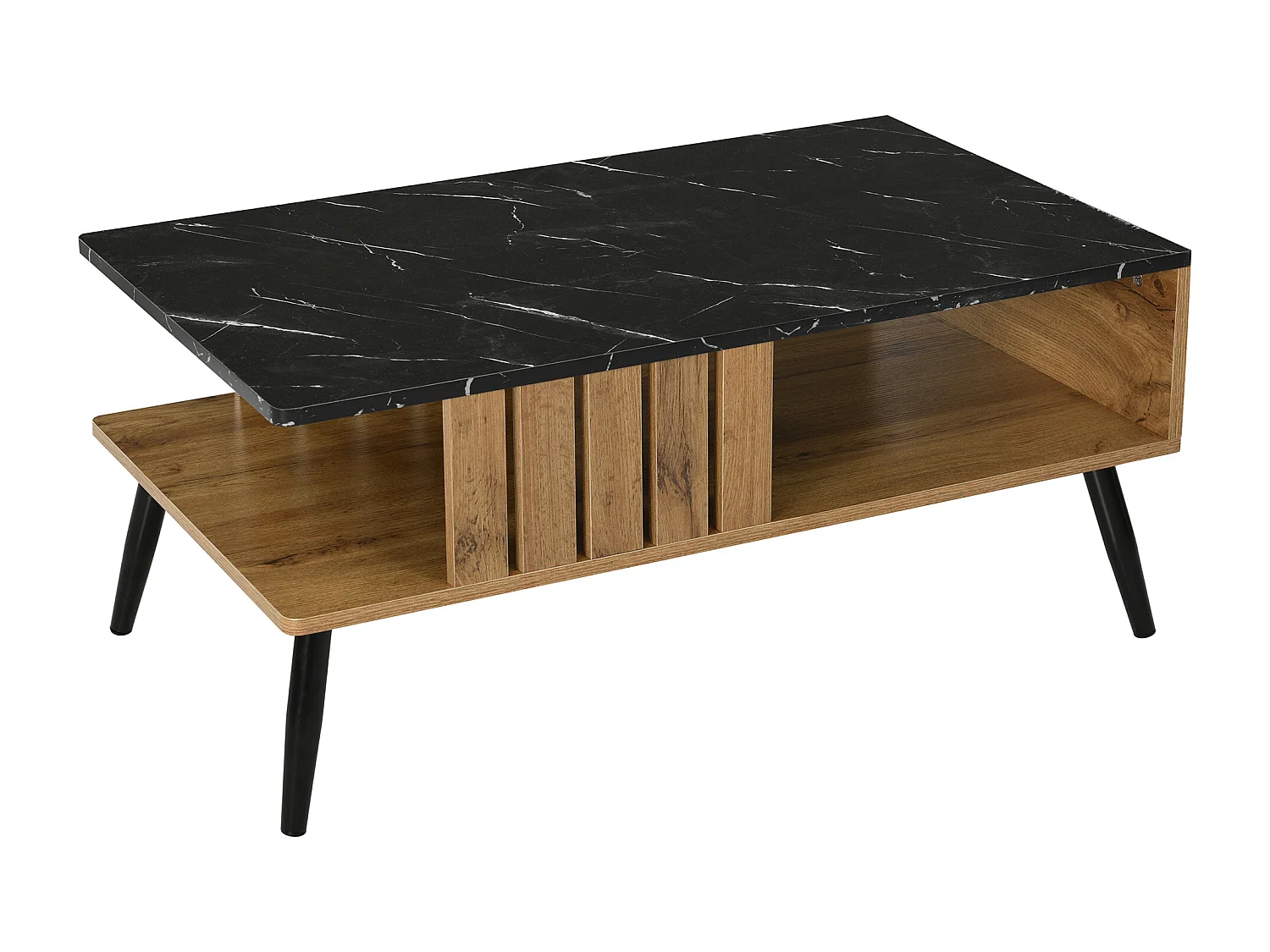 Tavolino da caffè moderno rettangolare con piano in marmo, tavolo da salotto, legno nero e quercia, 90 x 54 x 40 cm