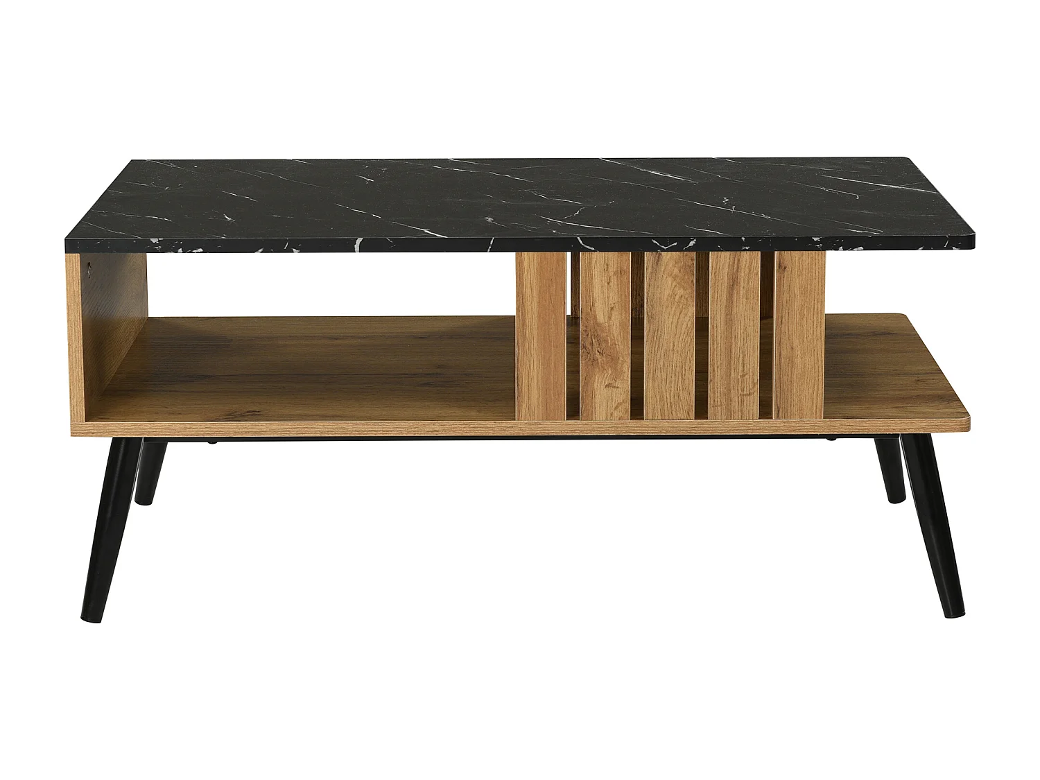 Tavolino da caffè moderno rettangolare con piano in marmo, tavolo da salotto, legno nero e quercia, 90 x 54 x 40 cm