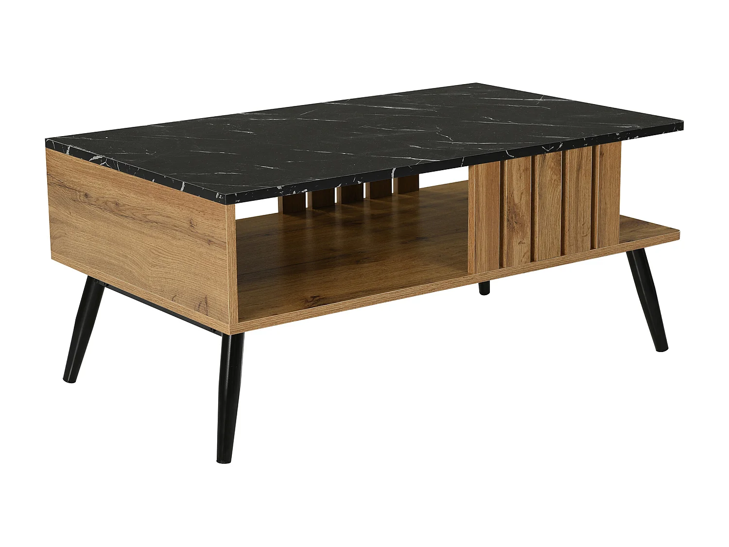 Tavolino da caffè moderno rettangolare con piano in marmo, tavolo da salotto, legno nero e quercia, 90 x 54 x 40 cm
