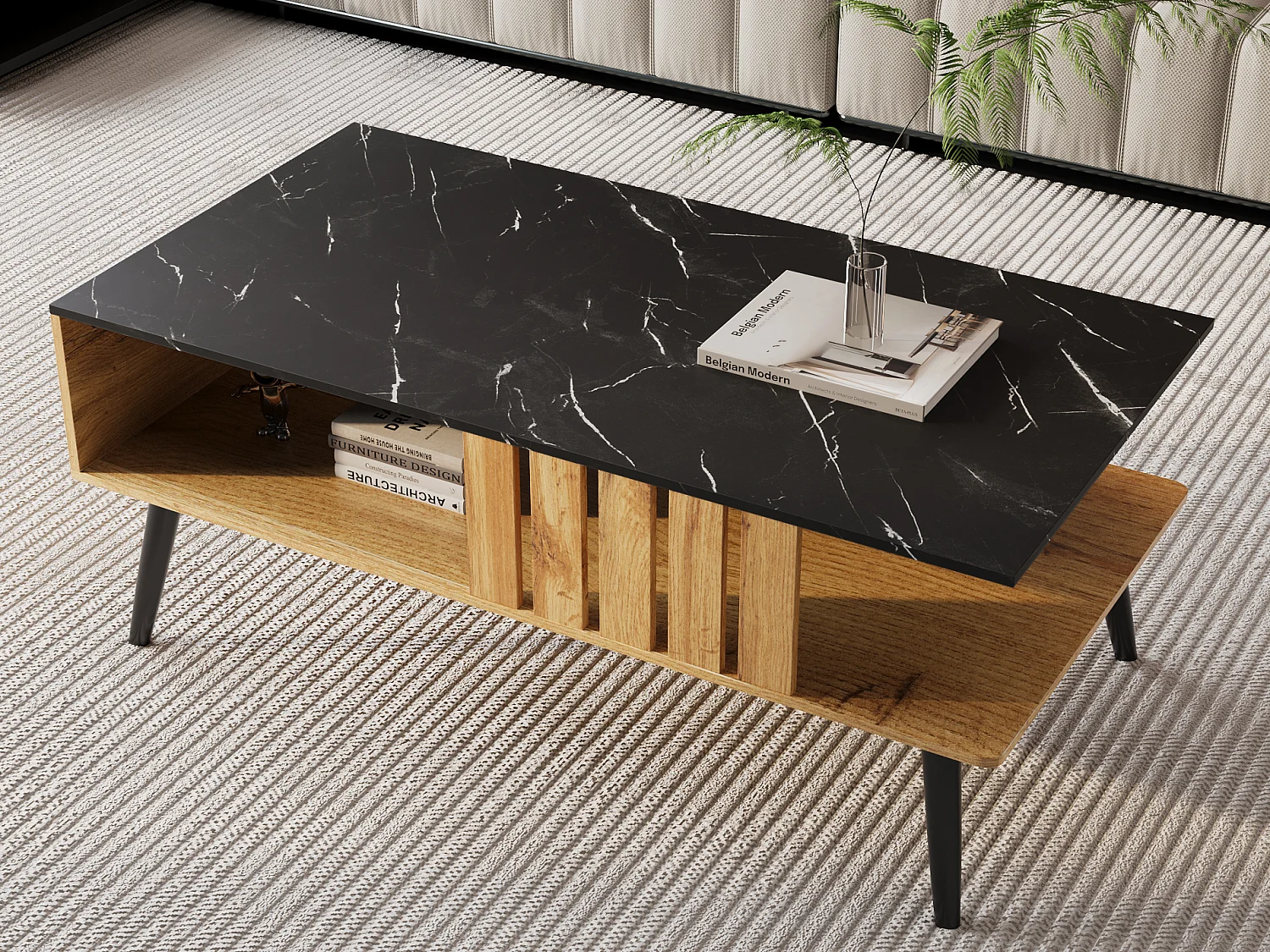 Tavolino da caffè moderno rettangolare con piano in marmo, tavolo da salotto, legno nero e quercia, 90 x 54 x 40 cm