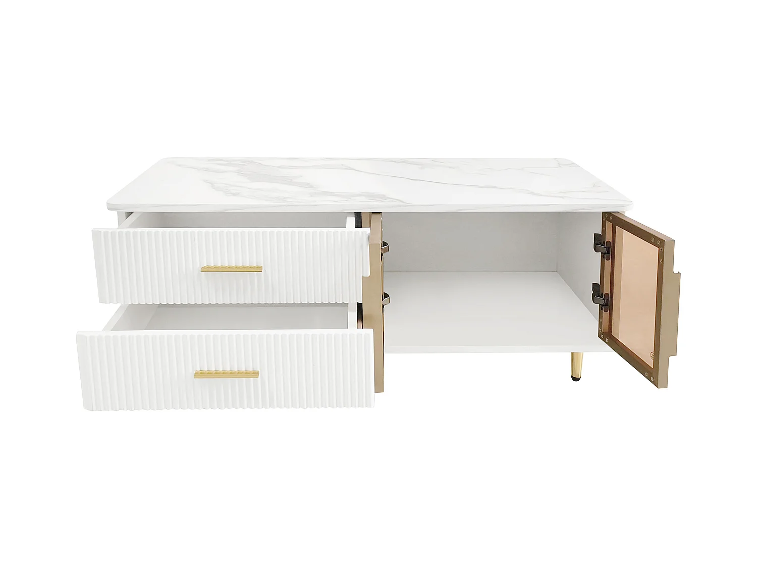 Tavolino, tavolino con anta in vetro temperato, cassetti con struttura ondulata, maniglie e piedini dorati, piano in struttura in marmo.