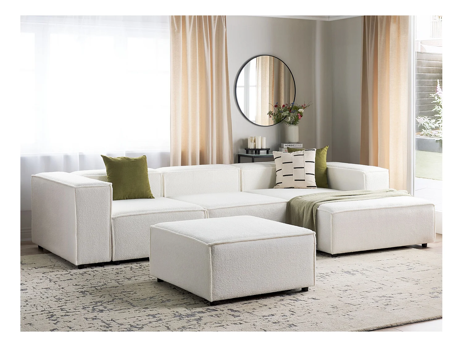 Canapé d'angle modulable 3 places ARDAL Bouclé Blanc avec ottoman Côté droite