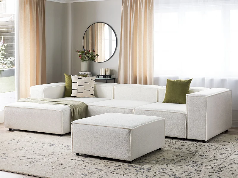 Sofá de canto modular APRICA Bouclé Branco com repousa-pés 3 lugares à direita
