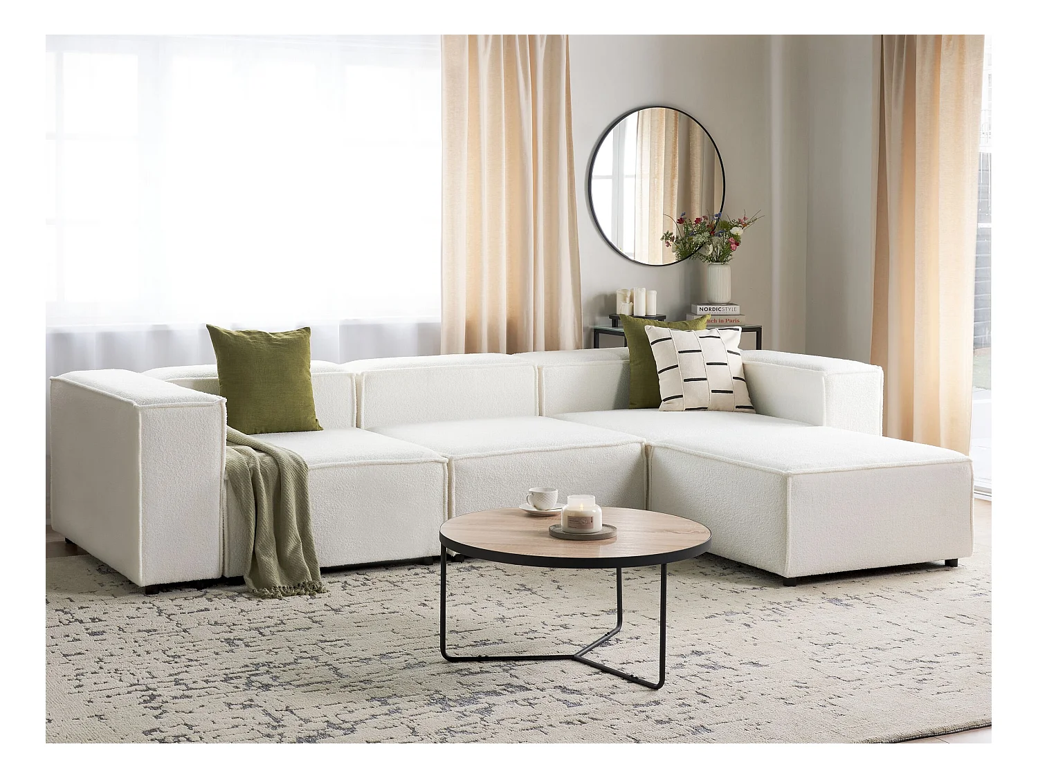 Canapé d'angle modulable 3 places ARDAL Bouclé Blanc avec ottoman