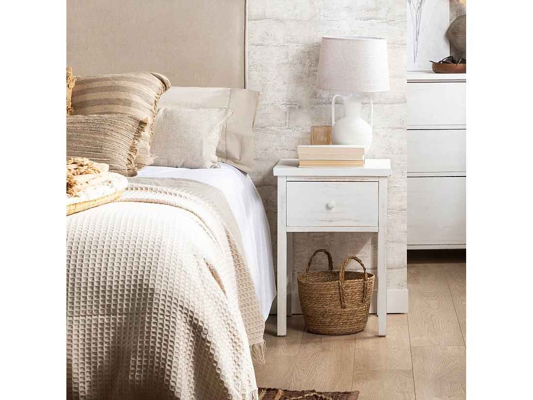 Mesita de noche 1 cajón de Madera Blanco decapado 60 x 42- Folk