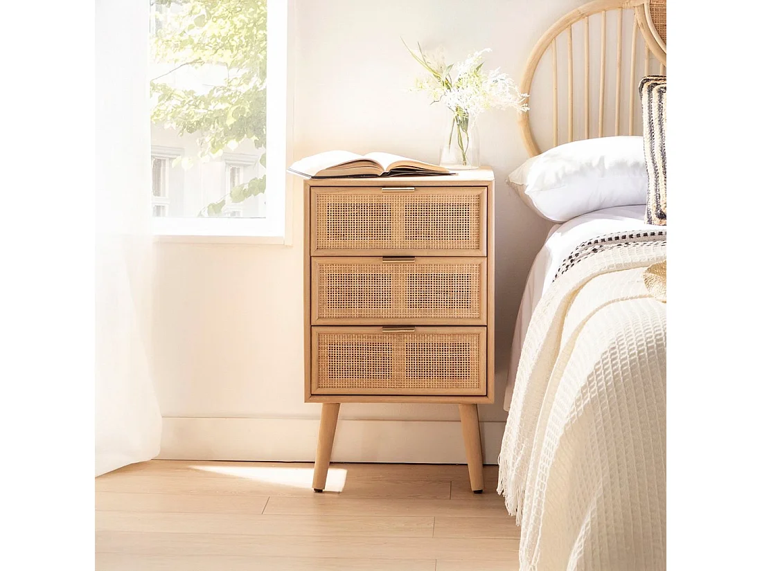 Table de chevet 3 tiroirs en rotin naturel 42x71 cm-Alis