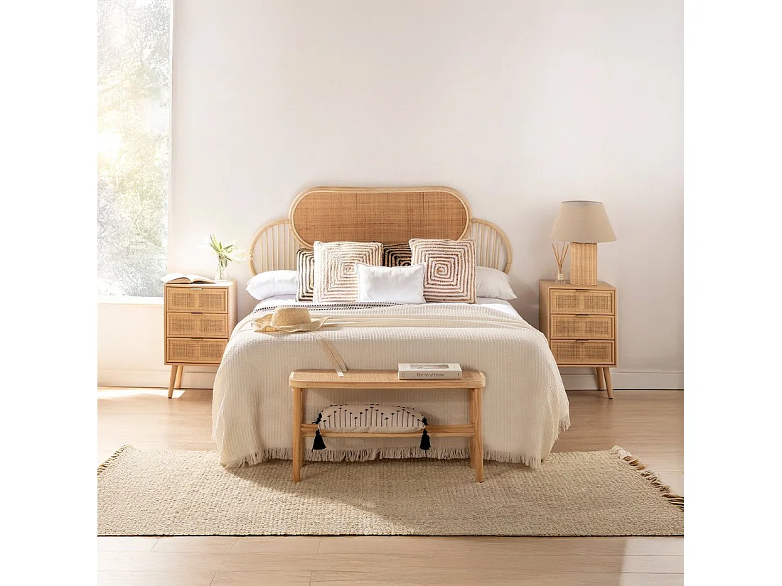 Table de chevet 3 tiroirs en rotin naturel 42x71 cm-Alis