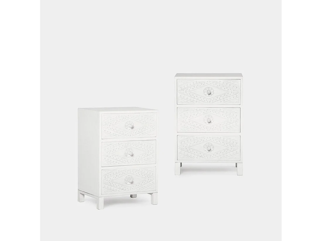 Table de chevet 3 tiroirs en bois blanc décapé 45x66 cm-Sinta