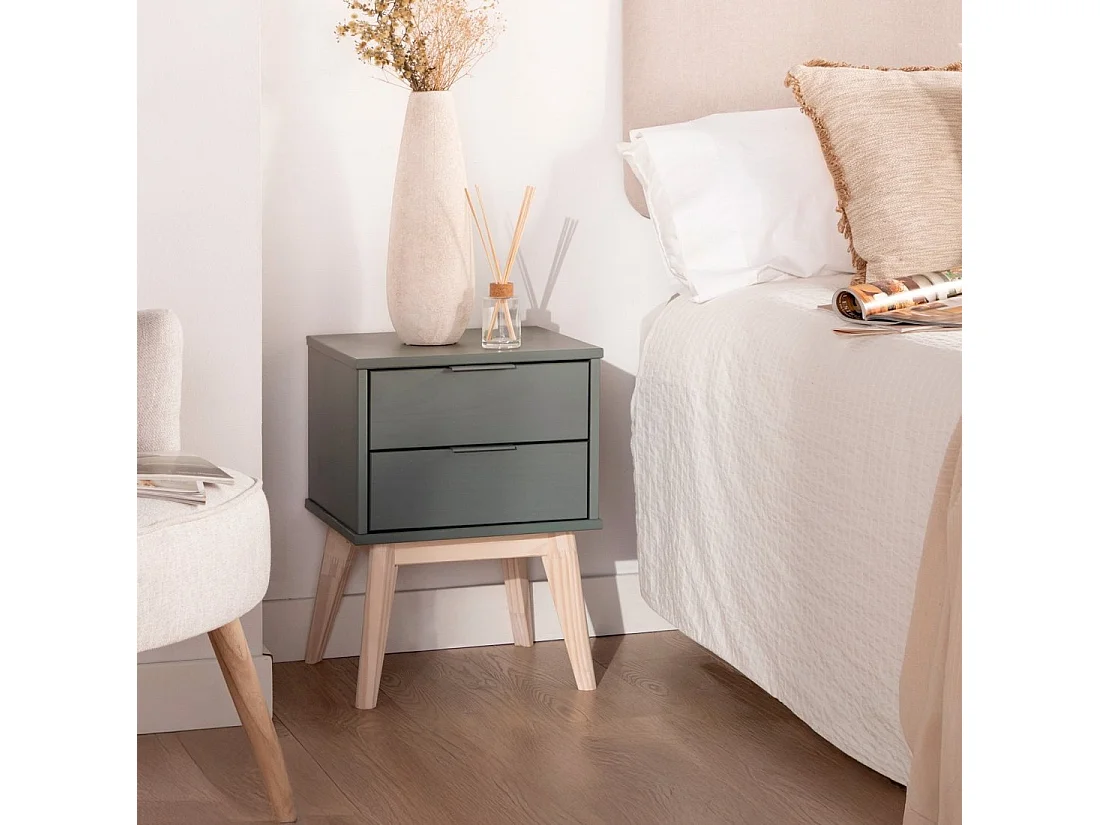 Table de chevet 2 tiroirs en laqué vert anthracite 40x53 cm-Troy