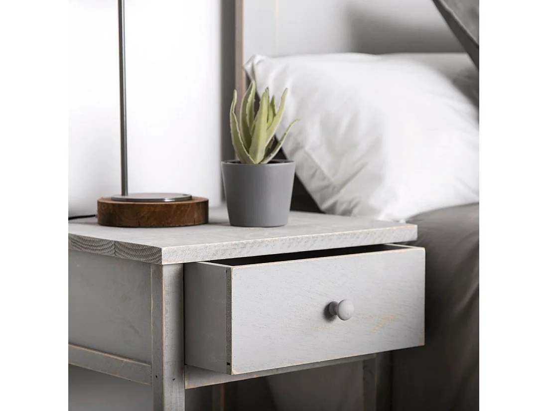 Table de chevet 1 tiroir en bois gris décapé 42x60 cm-Folk