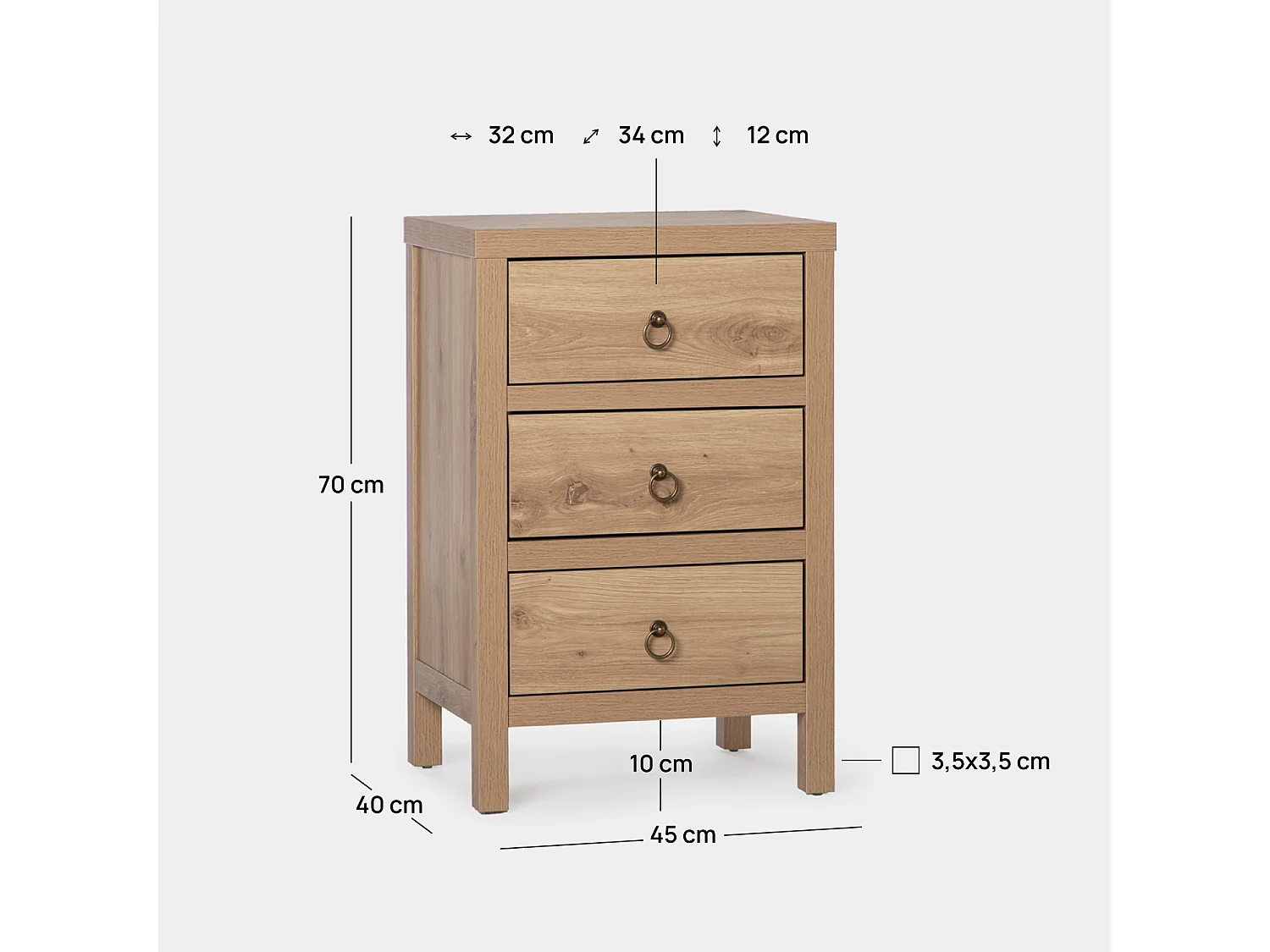 Table de chevet 3 tiroirs en bois naturel 45x70 cm-Livorno