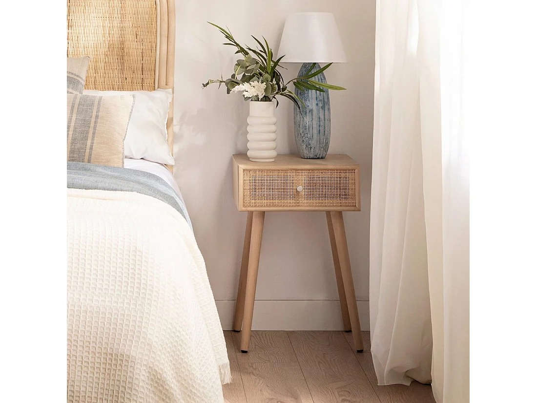 Table de chevet 1 tiroir en rotin naturel 40x61 cm-Lisa