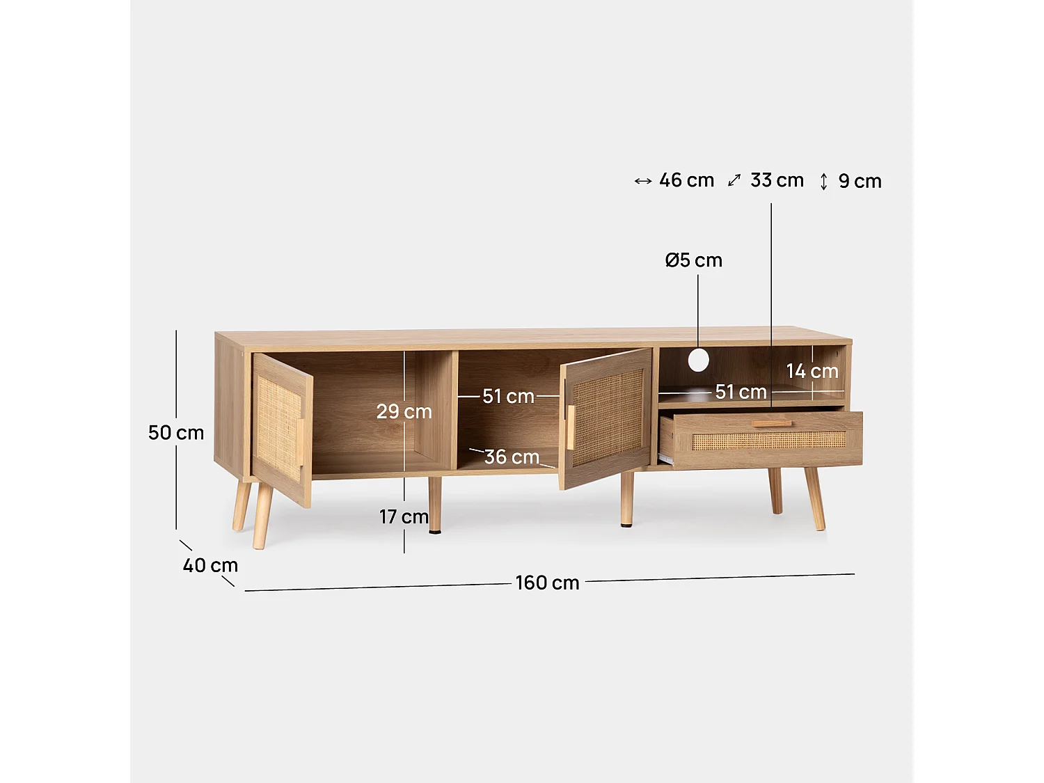 Meuble TV en rotin naturel 160x50 cm-Tahiti