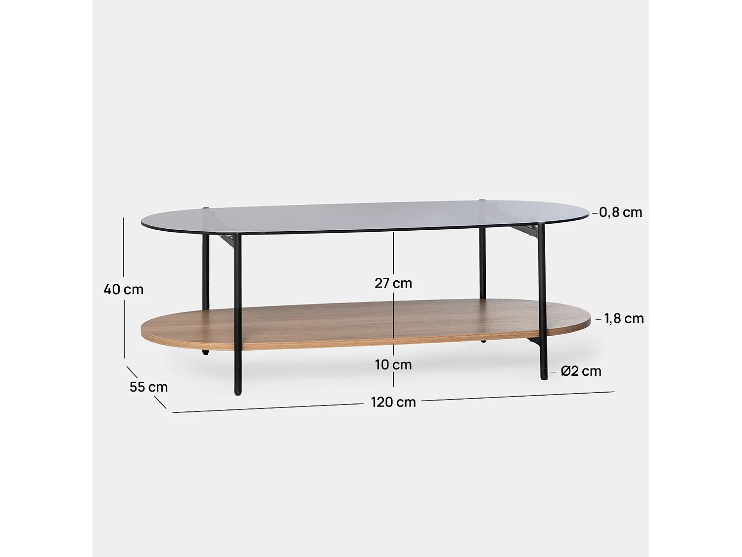Mesa de centro fija de Cristal Natural-Negro 40 x 120- Casil