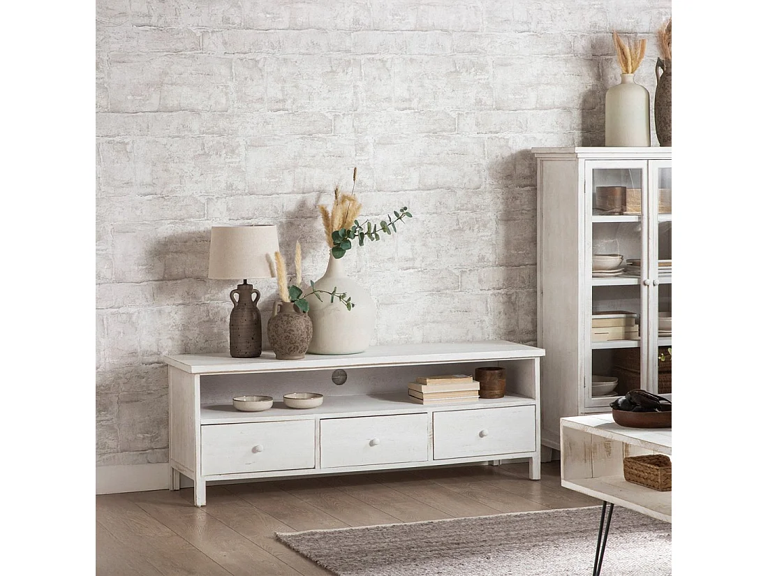 Mueble Tv de Madera Blanco decapado 51 x 141- Folk
