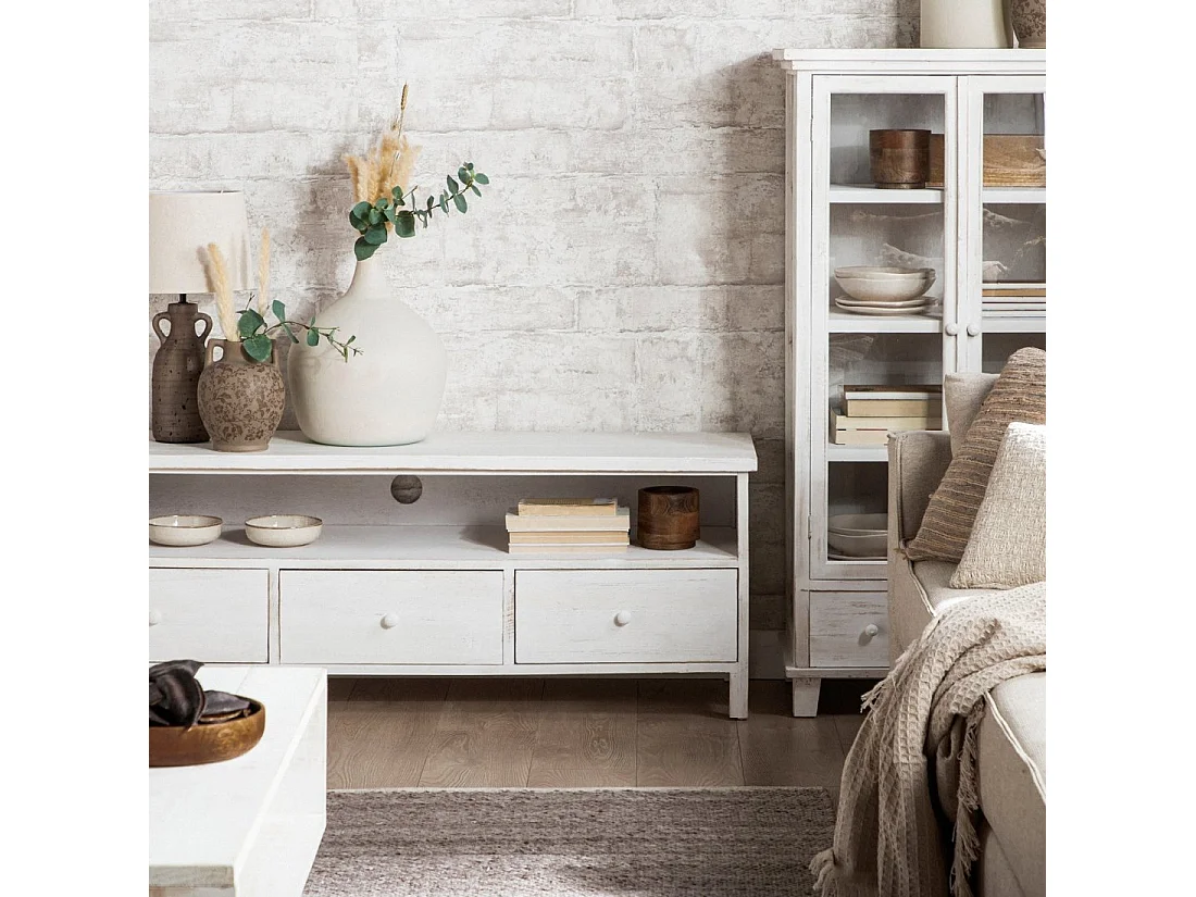 Mueble Tv de Madera Blanco decapado 51 x 141- Folk