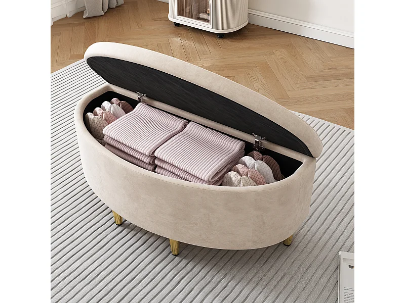 Banco tapizado 90x40x42 cm con almacenaje de terciopelo - Beige