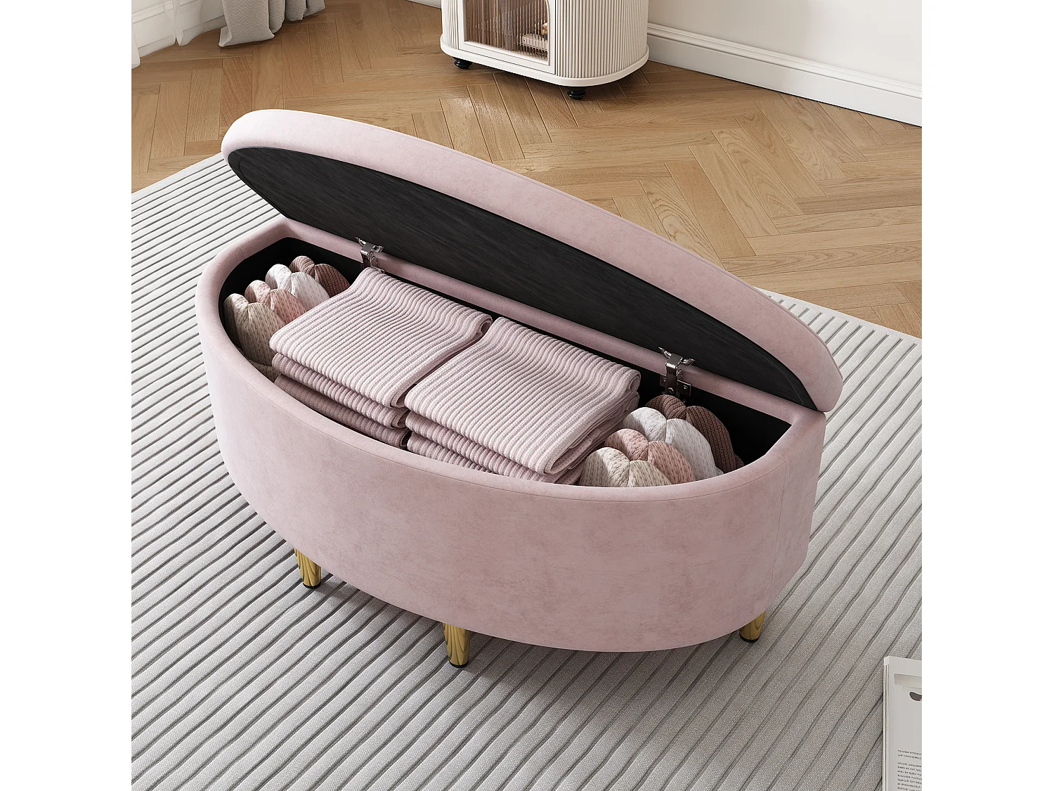 Banc rembourré 90x40x42 cm avec rangement en velours - Rose