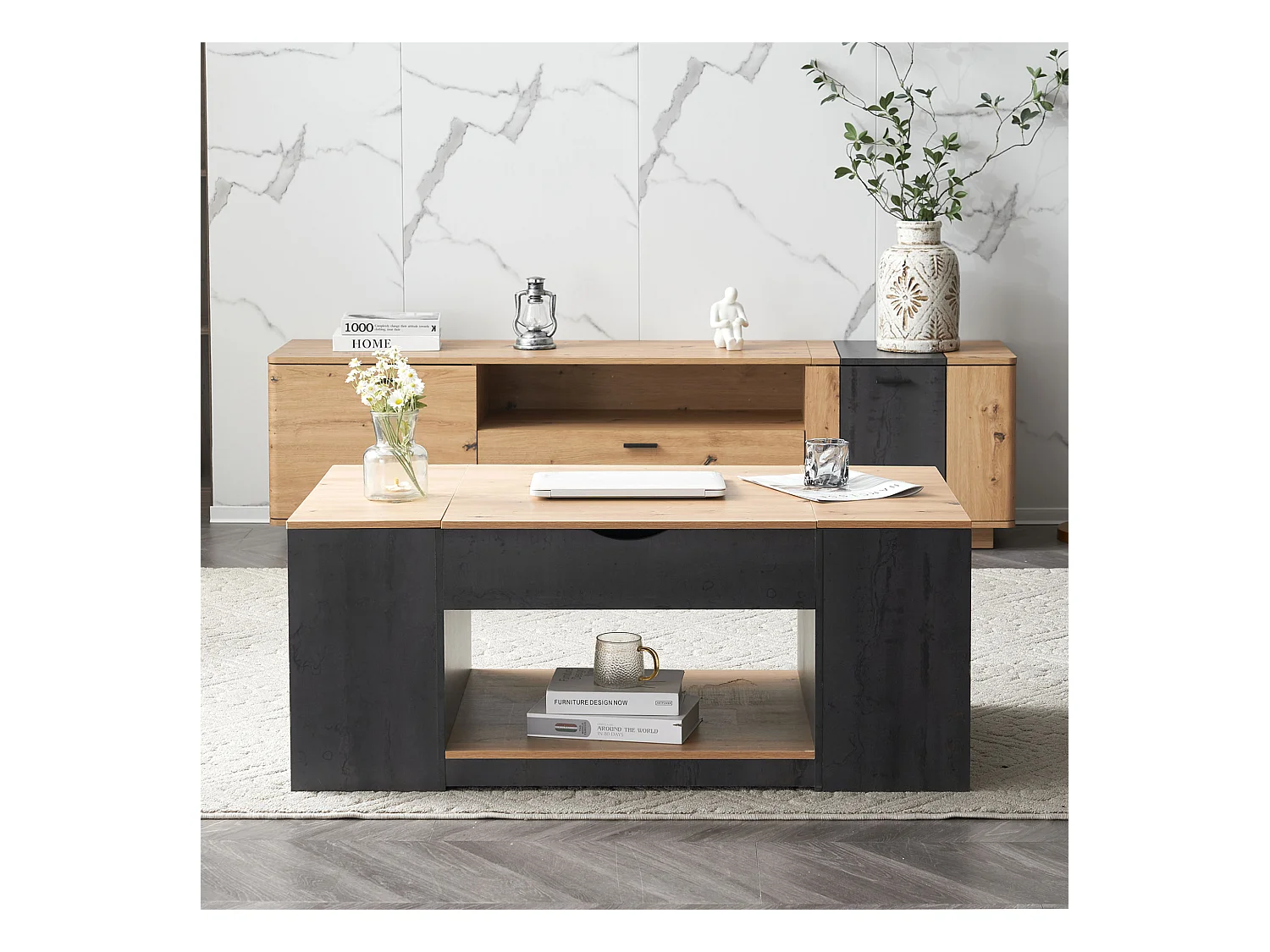 Table basse fixe relevable en Bois 109.5x59.7x43 cm moderne avec rangement - Gris