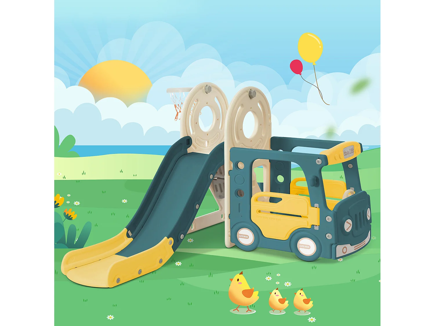 Toboggan Enfant 4 en 1 171x110x100 cm en HDPE avec panier de basket - Vert