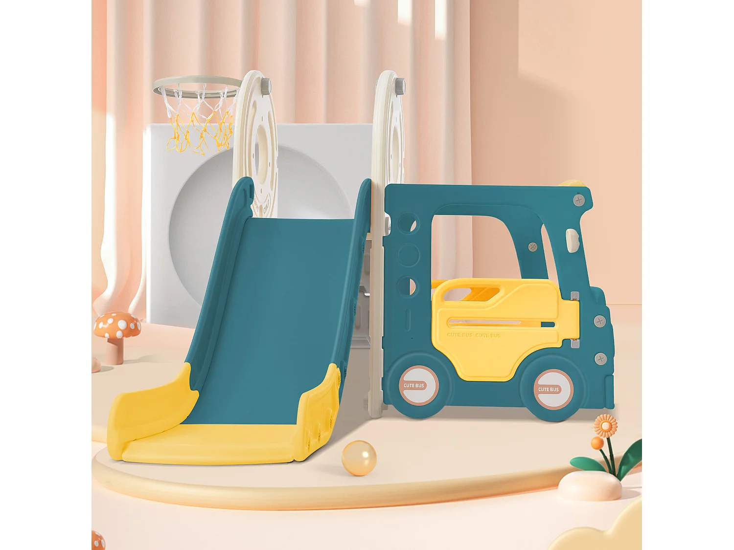 Toboggan Enfant 4 en 1 171x110x100 cm en HDPE avec panier de basket - Vert