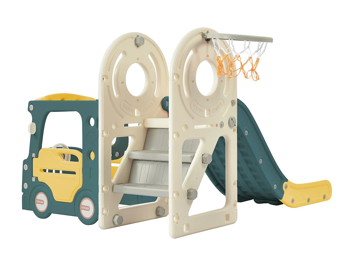 Toboggan Enfant 4 en 1 171x110x100 cm en HDPE avec panier de basket - Vert