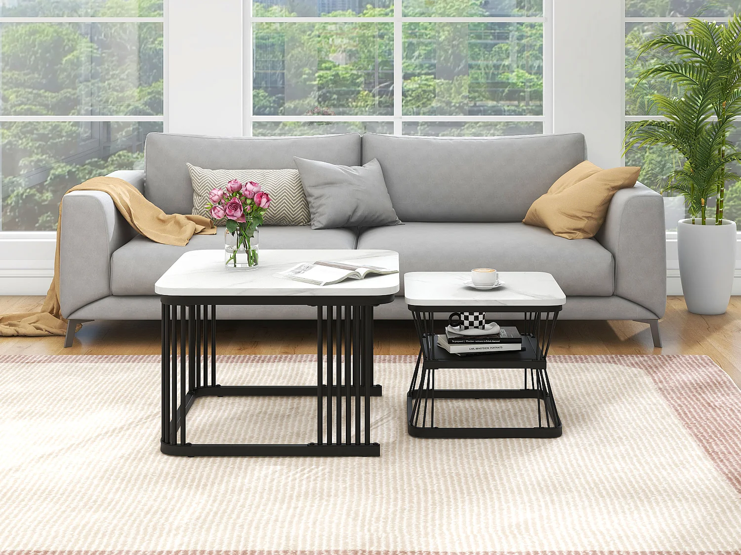 Lot de 2 Tables basses gigognes carrées en marbre 65x65x45/ 45x45x39.5 cm - Blanc