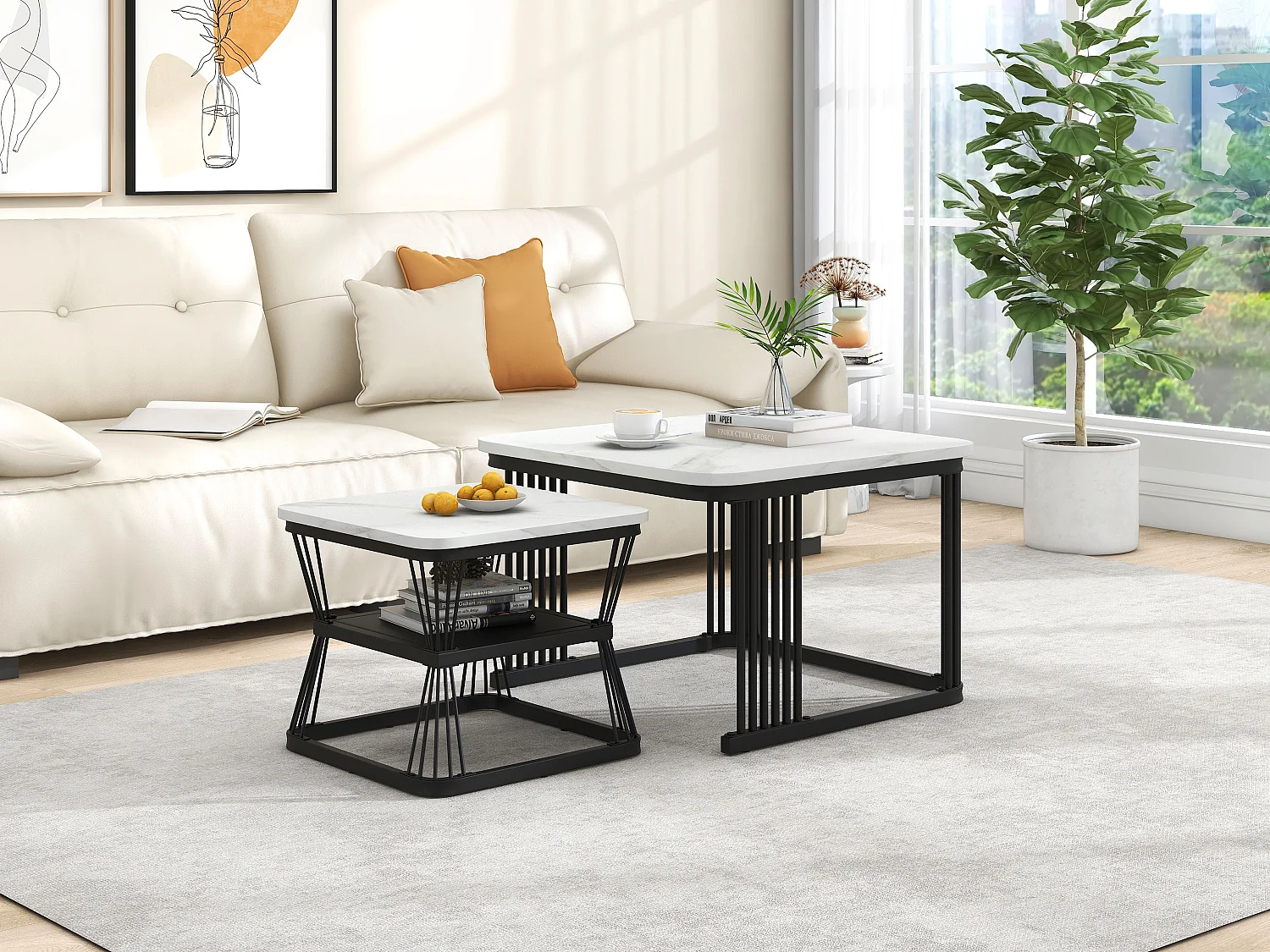 Lot de 2 Tables basses gigognes carrées en marbre 65x65x45/ 45x45x39.5 cm - Blanc