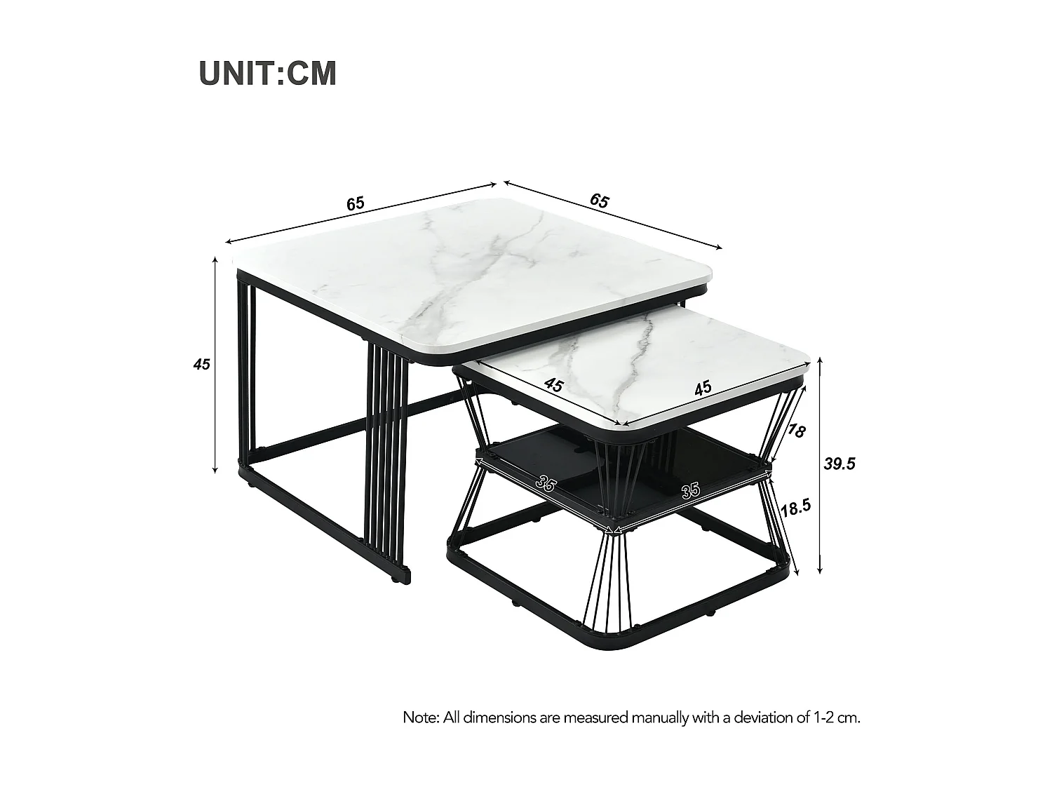 Lot de 2 Tables basses gigognes carrées en marbre 65x65x45/ 45x45x39.5 cm - Blanc