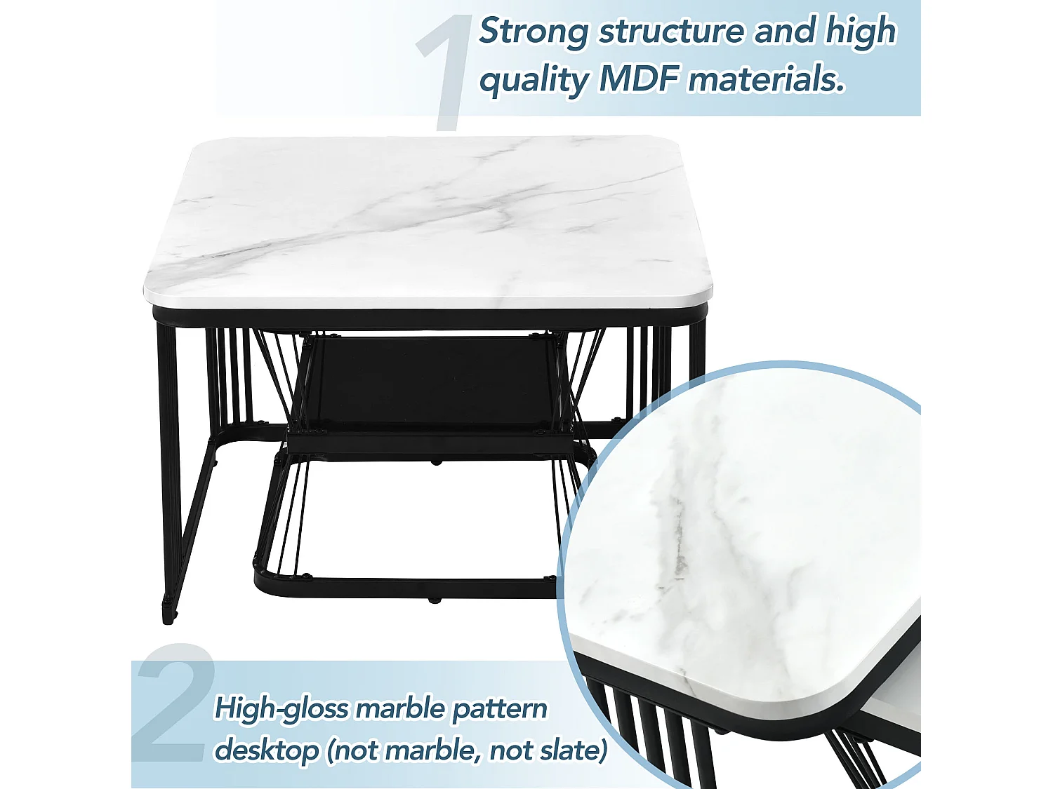 Lot de 2 Tables basses gigognes carrées en marbre 65x65x45/ 45x45x39.5 cm - Blanc