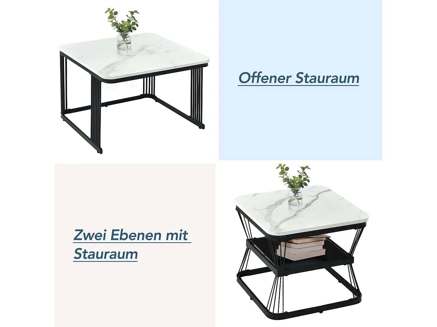 Lot de 2 Tables basses gigognes carrées en marbre 65x65x45/ 45x45x39.5 cm - Blanc