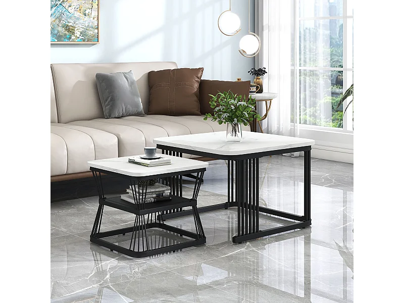 Lot de 2 Tables basses gigognes carrées en marbre 65x65x45/ 45x45x39.5 cm - Blanc