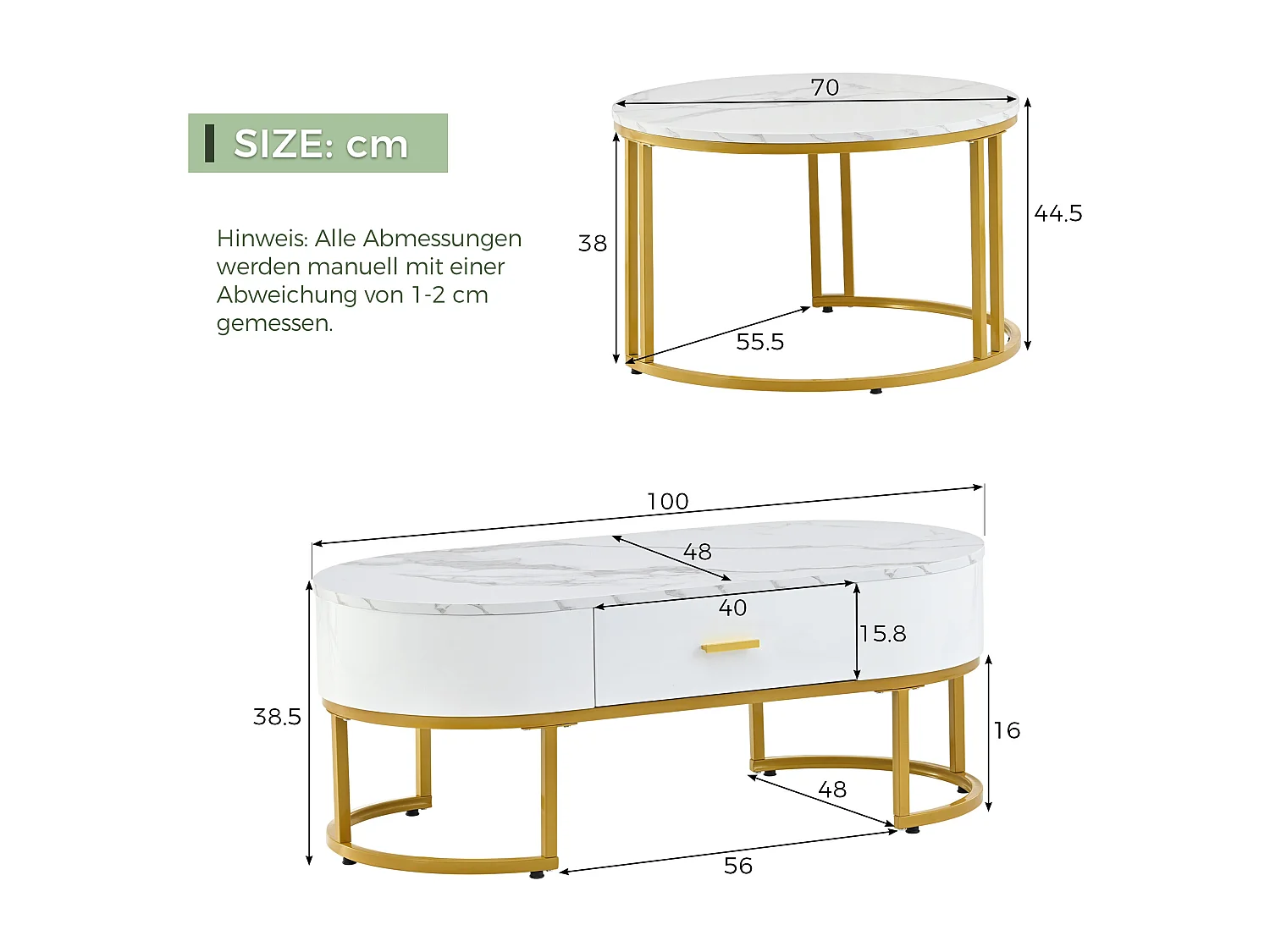 Tables basses gigognes 100x48x38.5 / 70x70x44.5 cm en MDF avec pieds Doré en Métal - Blanc