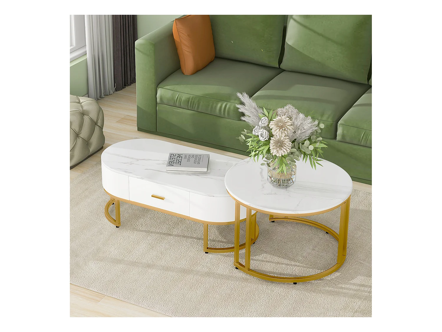 Tables basses gigognes 100x48x38.5 / 70x70x44.5 cm en MDF avec pieds Doré en Métal - Blanc