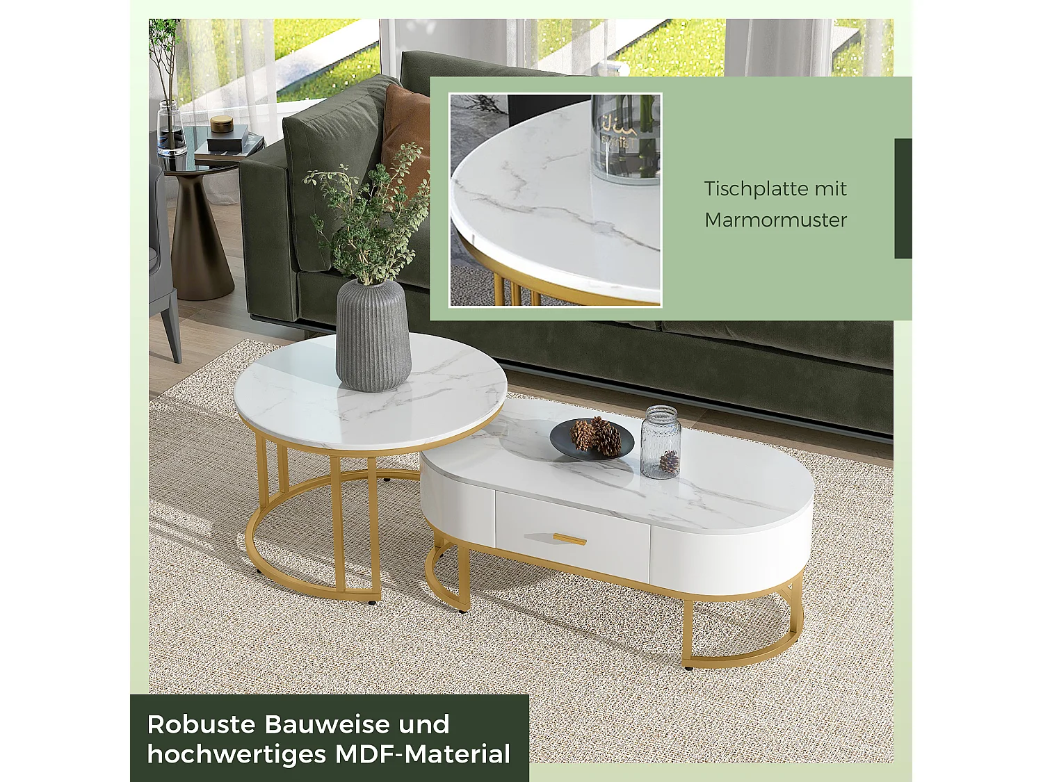 Tables basses gigognes 100x48x38.5 / 70x70x44.5 cm en MDF avec pieds Doré en Métal - Blanc