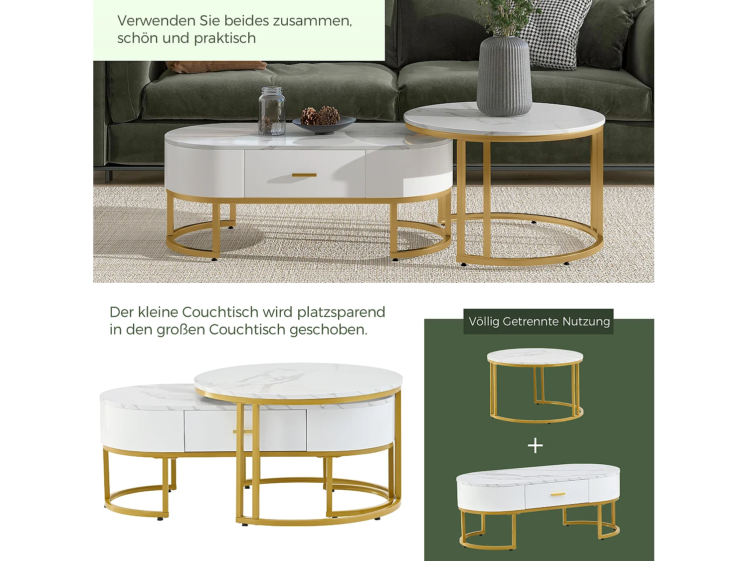 Tables basses gigognes 100x48x38.5 / 70x70x44.5 cm en MDF avec pieds Doré en Métal - Blanc