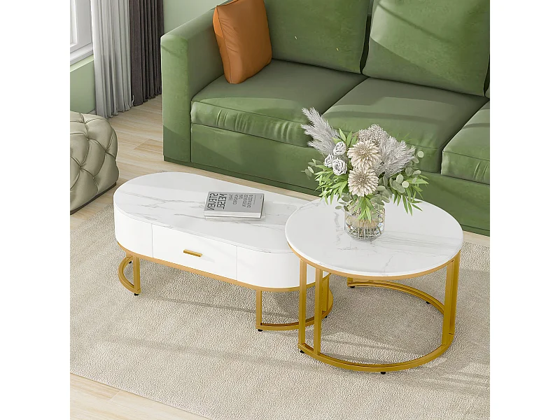 Tavolini impilabili 100x48x38,5 / 70x70x44,5 cm in MDF con gambe in metallo dorato - Bianco