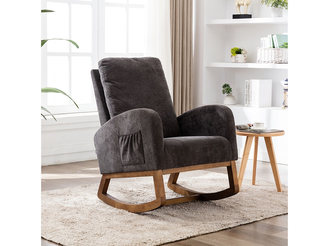 Fauteuil à Bascule ESituro – Structure Métal, Pieds Bois, Assise Lin, Gris Clair, Capacité 100 Kg, Confortable