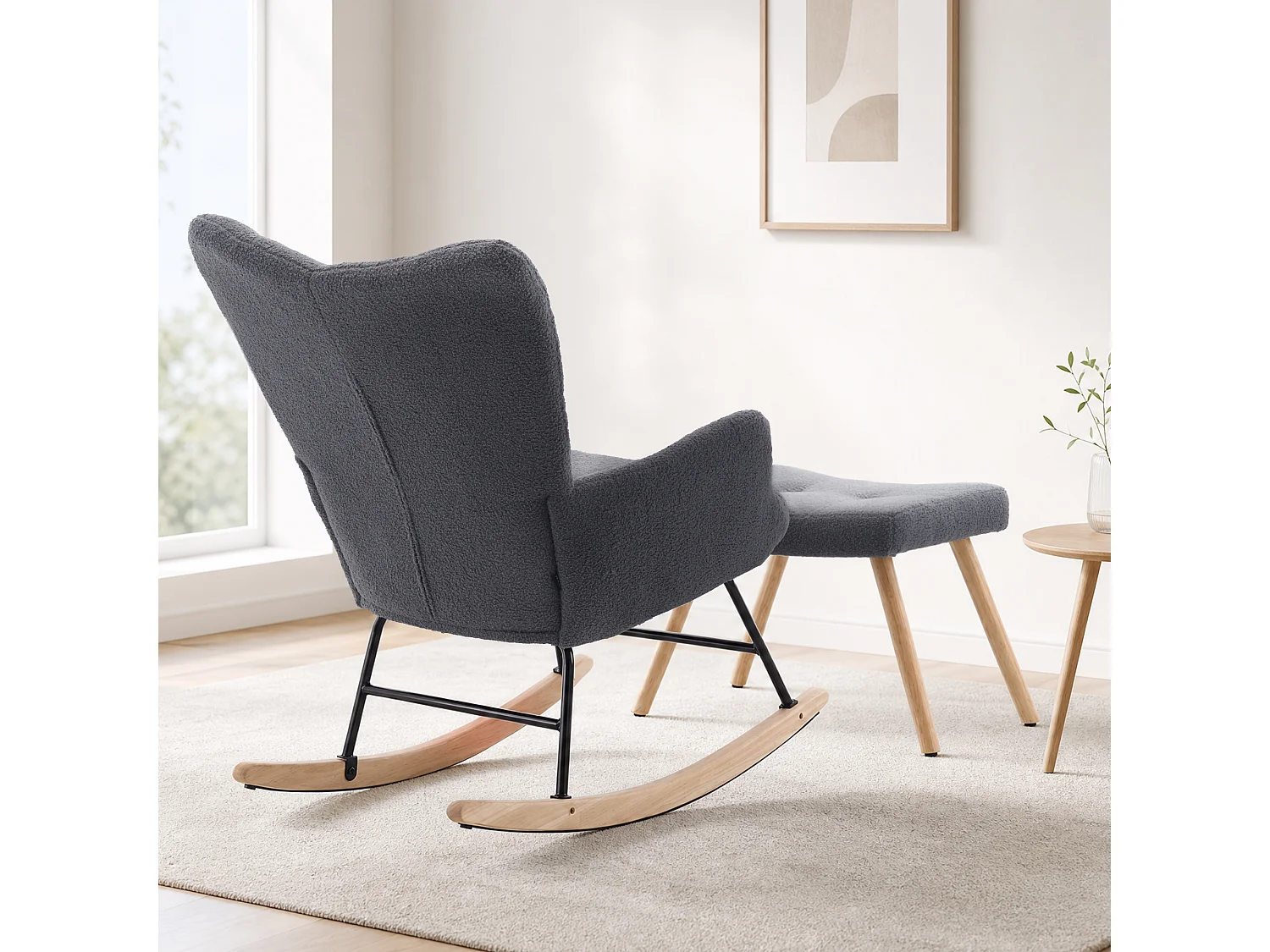 Rocking Chair, fauteuil à bascule en tissu gris avec repose-pieds