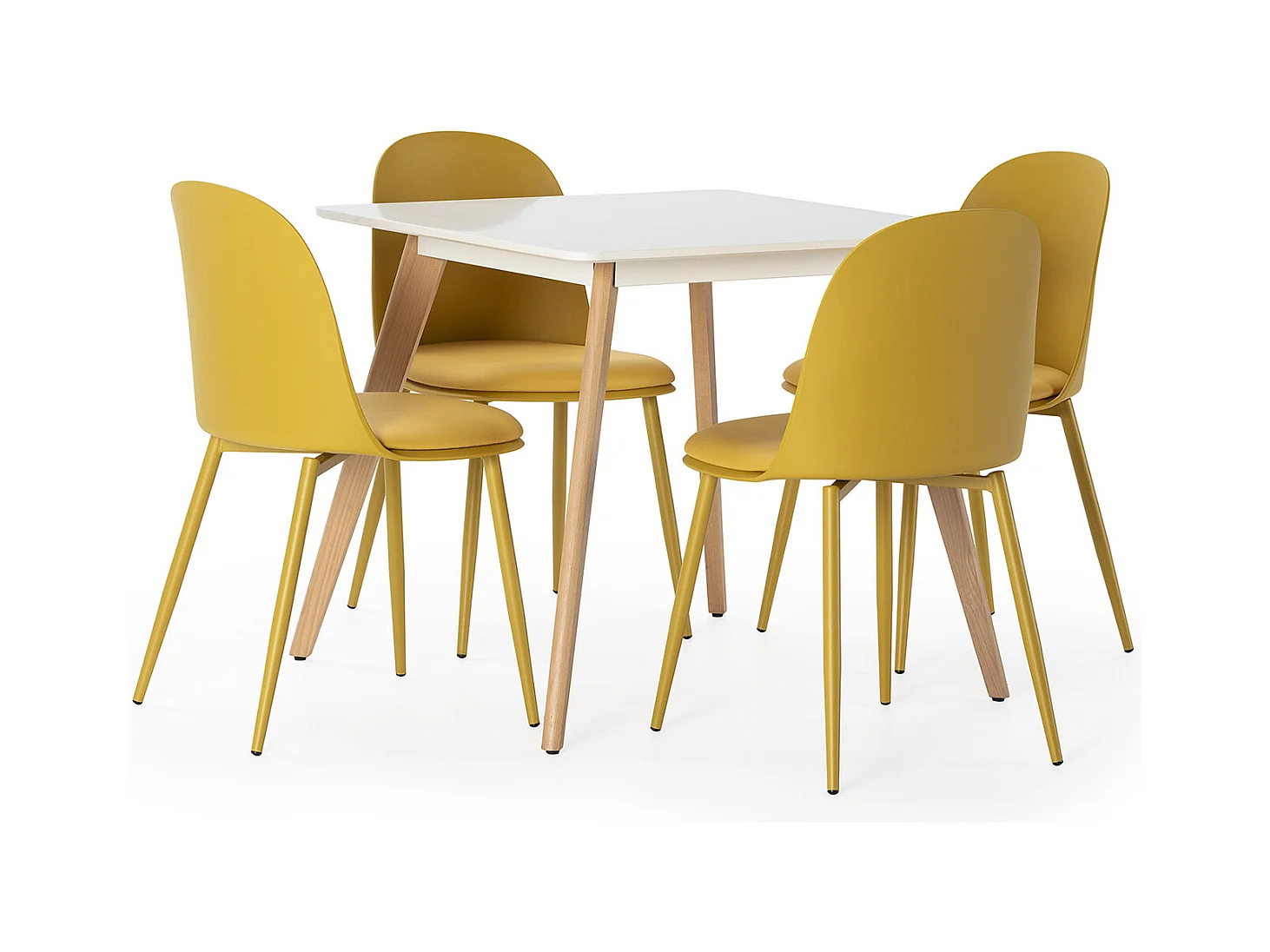 Ensemble table 80x80 cm et 4 chaises de salle à manger Kana Moutarde