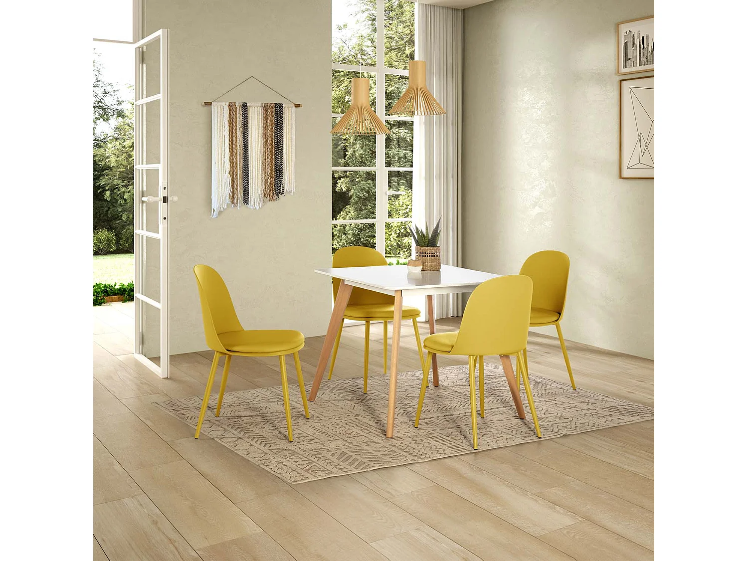 Ensemble table 80x80 cm et 4 chaises de salle à manger Kana Moutarde