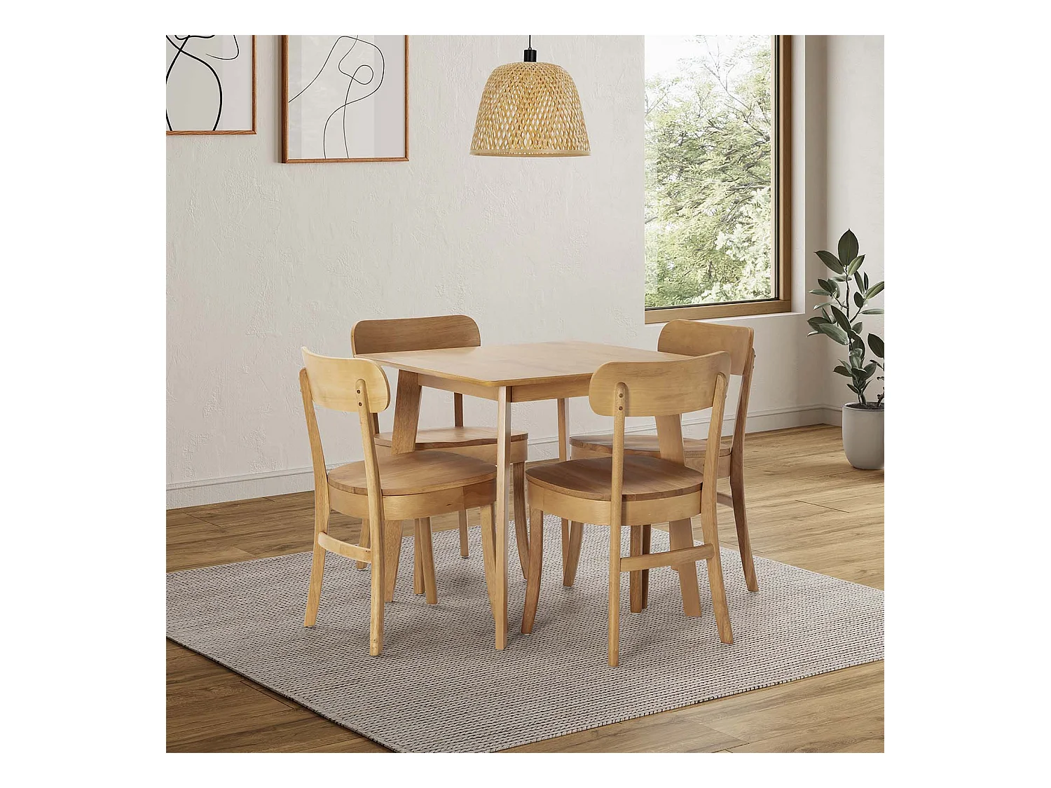 Speltafel 80x80 cm en 4 eetkamerstoelen Nala in eikenkleur.