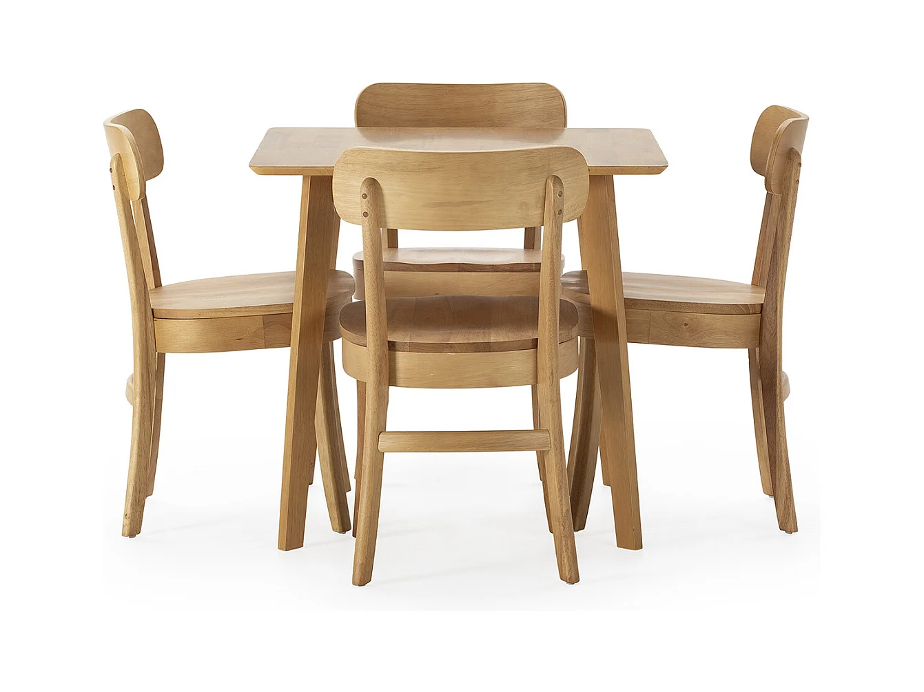 Speltafel 80x80 cm en 4 eetkamerstoelen Nala in eikenkleur.