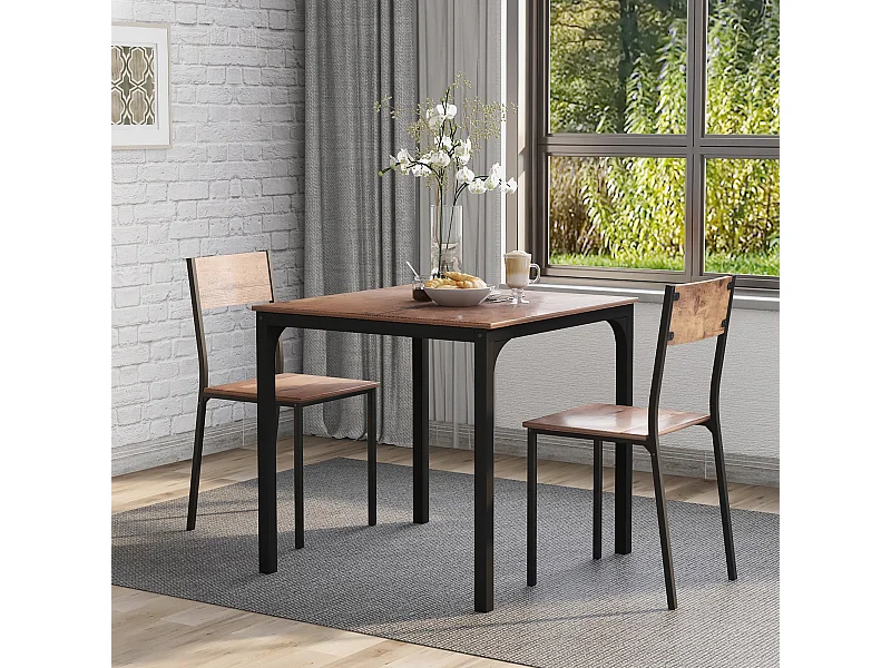 Conjunto de mesa con 2 sillas 70x70x75 cm en Madera con patas de Metal - Marrón