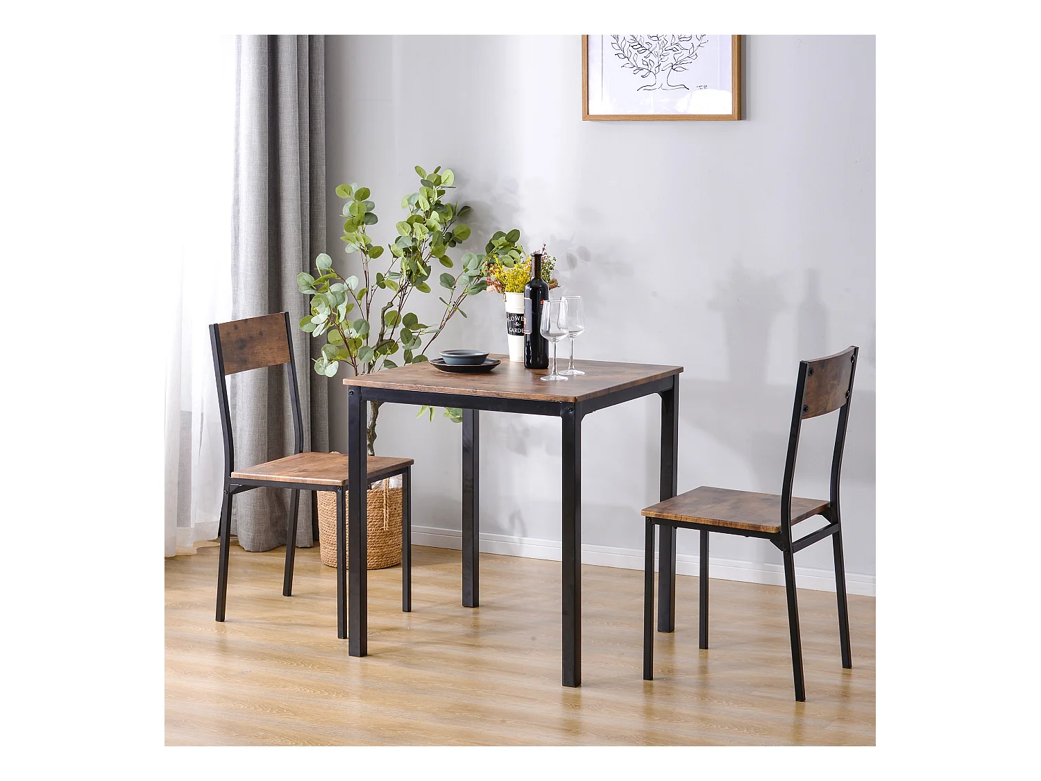 Conjunto de mesa con 2 sillas 70x70x75 cm en Madera con patas de Metal - Marrón