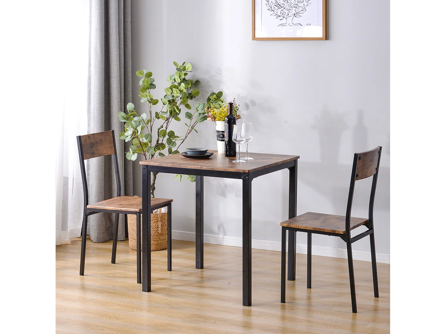 Set Tavolo con 2 Sedie 70x70x75 cm in Legno con Gambe in Metallo - Marrone