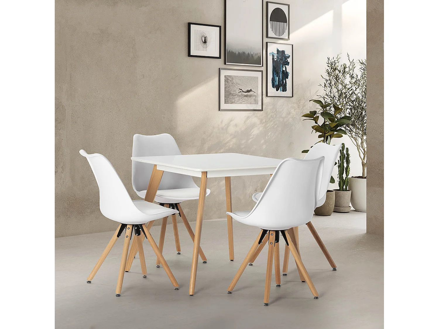 Ensemble table 80x80 cm et 4 chaises de salle à manger Jeff blanches