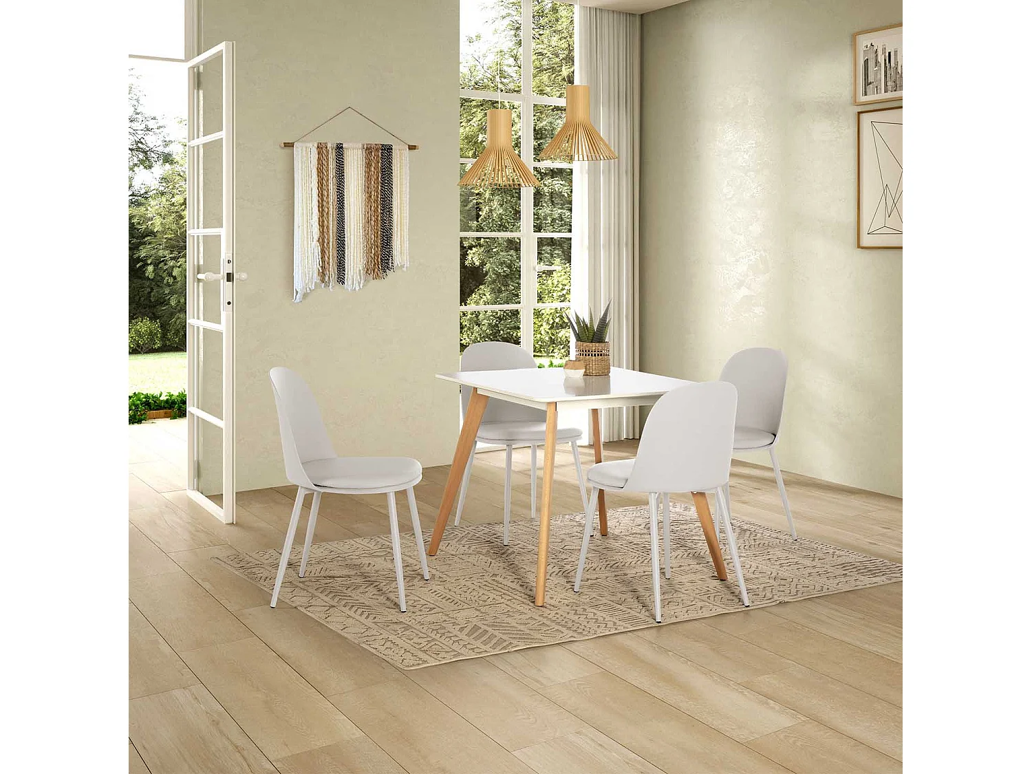 Ensemble table 80x80 cm et 4 chaises de salle à manger Kana Blanc